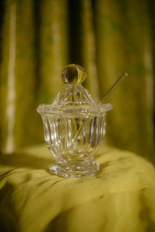 Pressed Glass Honey Jar with Lid and Spoon