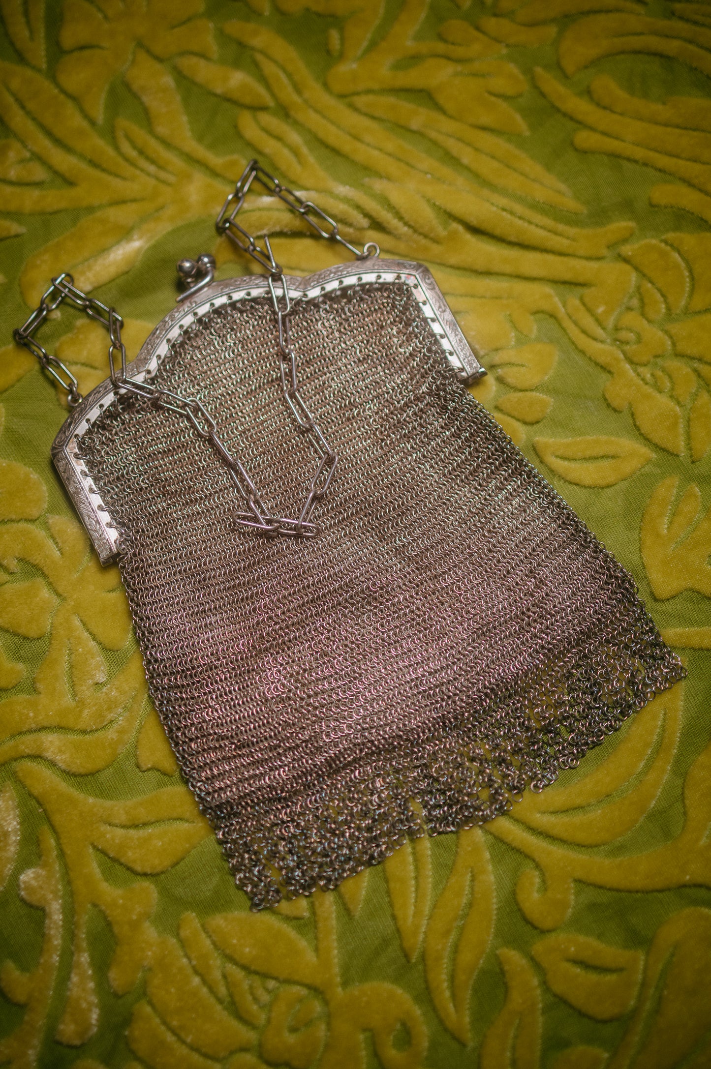 Vintage mesh purse with decorative frame on a green floral background