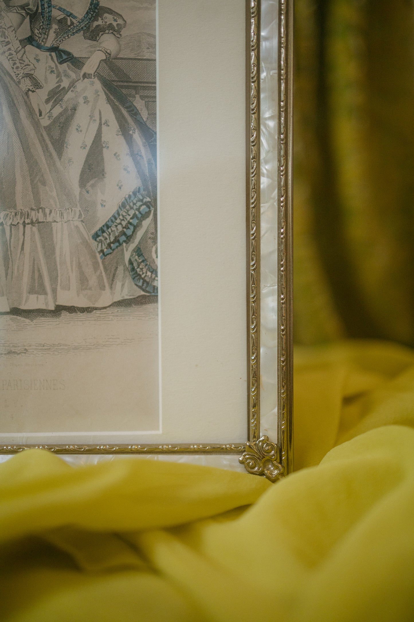 Antique Mother-of-Pearl Inlay Picture Frame with French Fashion Plate