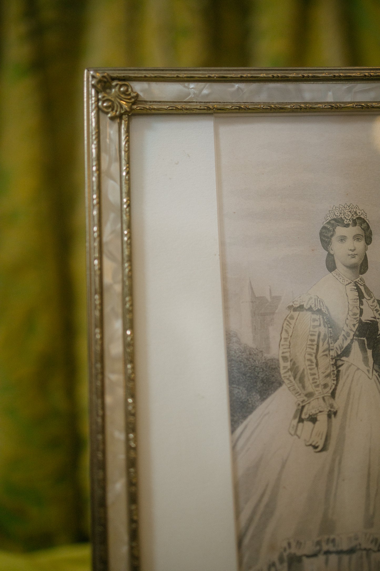 Antique Mother-of-Pearl Inlay Picture Frame with French Fashion Plate