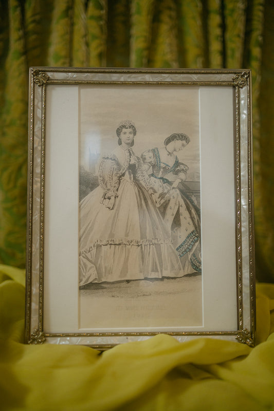 Antique Mother-of-Pearl Inlay Picture Frame with French Fashion Plate